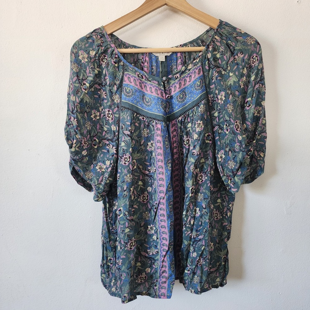 Womens Lucky Brand Boho Top 100% Viscose Small Blue Floral
